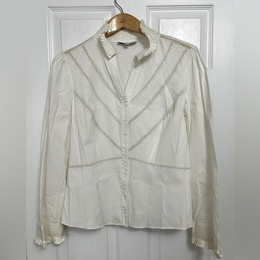 Emanuel by Emanuel Ungaro ruffle embroidered openwork ivory blouse sz 14